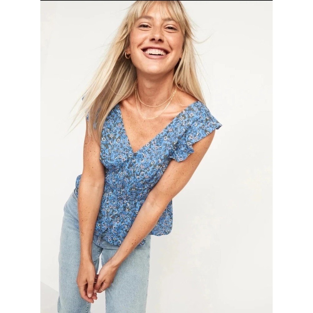 Old Navy Women's Blue Floral‎ Waist-Defined Button Front Blouse,Size L